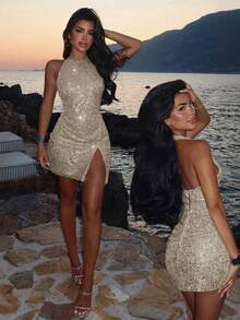 Women's Sequin Slit Design Sexy Cocktail Party Dress - Champagne - View 3