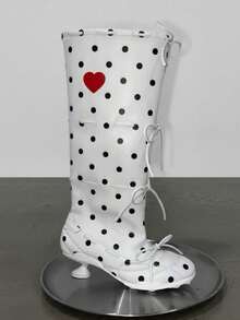 Polka Dot Red Heart Multi-Bow Stacked Knee-High Boots, Plus Size Women's Fashion Mini Kitten Heel Boots - White - View 2