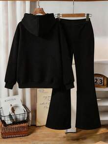 Teen Girls Fresh Sweet Digital Print Hoodie + Solid Color Print Flare Leggings 2pcs Set - Black - View 3