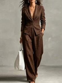 Women's 2-Piece Faux Suit Set, Lapel Waist-Tie Cropped Blazer With High-Waist Pleated Wide-Leg Pants, Elegant Casual Commute Outfit - Coffee Brown - View 1
