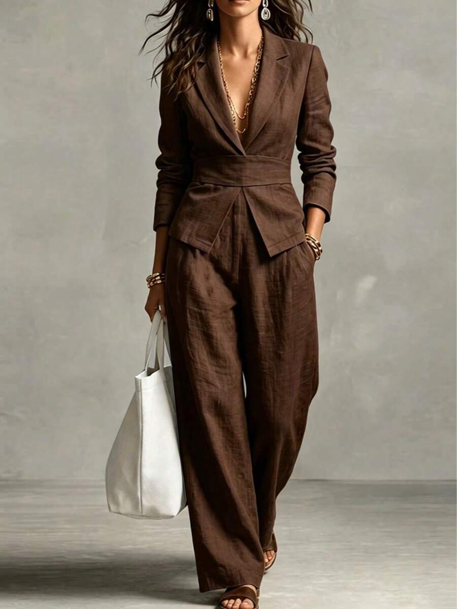 Women's 2-Piece Faux Suit Set, Lapel Waist-Tie Cropped Blazer With High-Waist Pleated Wide-Leg Pants, Elegant Casual Commute Outfit - Coffee Brown - View 1