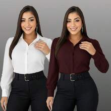 2-Piece Set Of Women's Fashion  Formal Shirts, One In Each Color - KIT 2 SHIRT ONE COLOR WHITE aND WINE - View 1