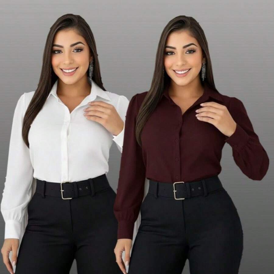 2-Piece Set Of Women's Fashion Formal Shirts, One In Each Color - KIT 2 SHIRT ONE COLOR WHITE aND WINE - View 1