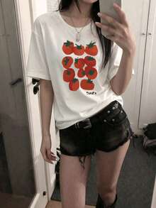 Women's Loose Casual Round Neck Cartoon Tomato Fruit Print Short Sleeve T-Shirt, White, Spring/Summer - White - View 11