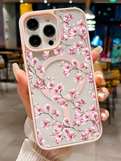1pc Fashion Full Screen Cherry Blossom Pattern Phone Case, High Definition Transparent Back Cover Matte Pink Frame Magnetic Phone Protective Shell, Compatible With IPhone 17/17pro/17promax/Air Supports Wireless Charging Phone Protective Cover, Compatible With IPhone 11 12 13 14 15 16 16promax Large Hole Shockproof Anti-Slip Phone Case, Cover, Compatible With Iphone 17 Pro Max Case, Compatible With Iphone 17 Pro Case