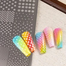 美甲印花鋼印板，多功能不鏽鋼美甲印花板，線條與圓點波點星星條紋線條圖案美甲模板，極簡幾何條紋設計，適用凝膠指甲油 DIY 美甲設計 - 彩色 - 查看 4