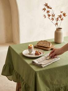 1pc Green Background White Polka Dot Pattern Ruffle Edge Tablecloth, Fresh Natural Style, Rectangular With Ruffle Edge And Pleated Detail, Decorative And Functional For Home Dining - Green - View 2
