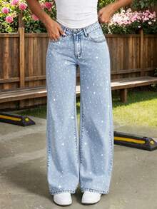 Teen Girls Fashion Rhinestone Loose Wide Leg Denim Jeans - Light Wash - View 2
