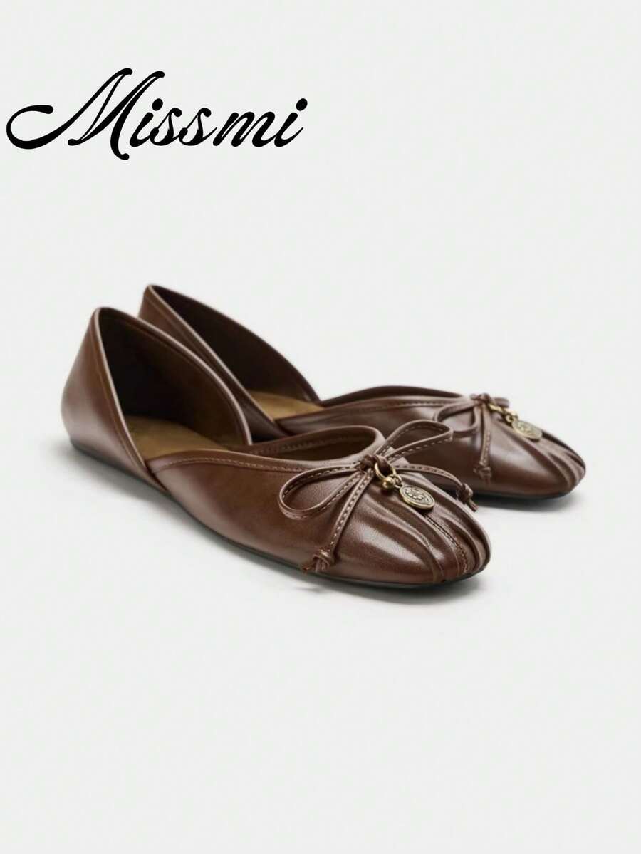 2026 Spring/Summer New Women's Bow Decor Ballet Flats - Brown - View 1