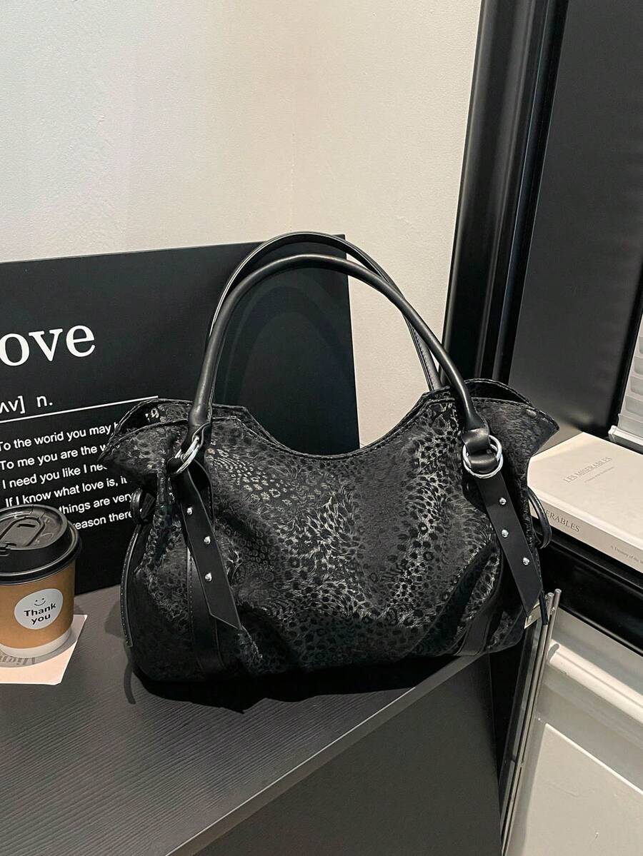 Relaxed Leopard Print Tote Bag For Women, New Minimalist Underarm Shoulder Handbag - Black - View 1