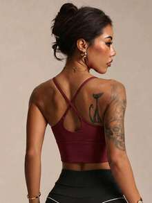 Women's Solid Color Wireless Cross Strap Fashion Knit Sports Bra - Burgundy - View 2