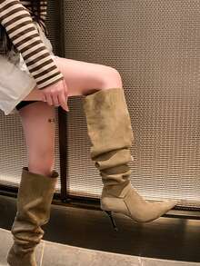 2026 New Khaki Pointed Toe Ruched Stacked Knee-High Boots, Thin High Heel Side Zipper Loose Ruched Slim Long Boots For Women, Autumn/Winter - Khaki - View 7