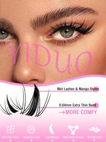 YIDUO Wet Look Manga Lash Clusters D Curl Spiky Anime Individual Eyelash Extensions,0.04mm Ultra Thin Invisible Band DIY Cluster Lashes 0.8-1.6CM Mixed Length Reusable False Lashes For Party Wedding Daily Makeup - D - View 4