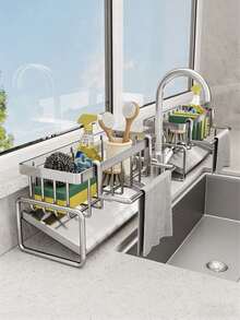 1pcDrain Rack, Sink Organizer, Automatic Drain Tray, Kitchen Storage, Kitchen, Storage, Kitchen Storage, Water Cutter Rack, Suitable For Kitchen Sink Storage And Bathroom Sink Storage. Practical Kitchenware, Space-Saving. - Multicolor - View 3