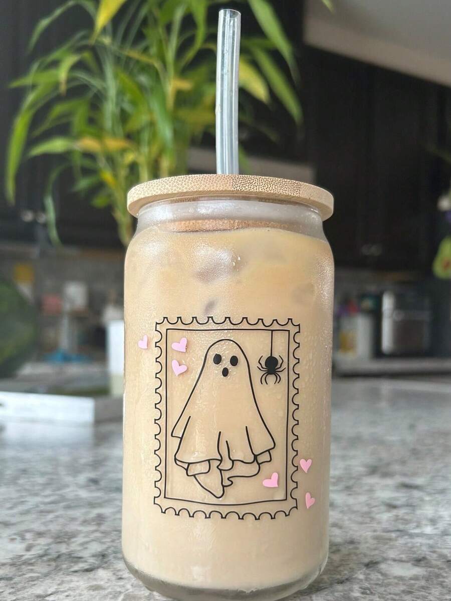 甜酷線條幽靈印花透明奶茶果茶玻璃杯,附竹製杯蓋與吸管 - 彩色 - 查看 1