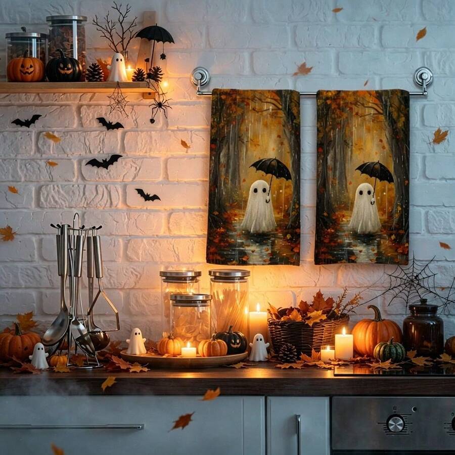 2/4/48pcs Halloween Series Autumn Rainforest Umbrella Ghost Pattern Printed Kitchen Towels - Ultra Soft, Highly Absorbent Polyester Tablecloths And Hand Towels, Perfect For Holiday Decor, Kitchen Decor, Party Decor.