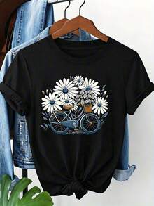 Unisex Daisy Print Cycling T-Shirt - Short-Sleeved, Round Neck, Casual Top With Daisy Pattern, Machine Washable, N - 黑色 - 查看 1