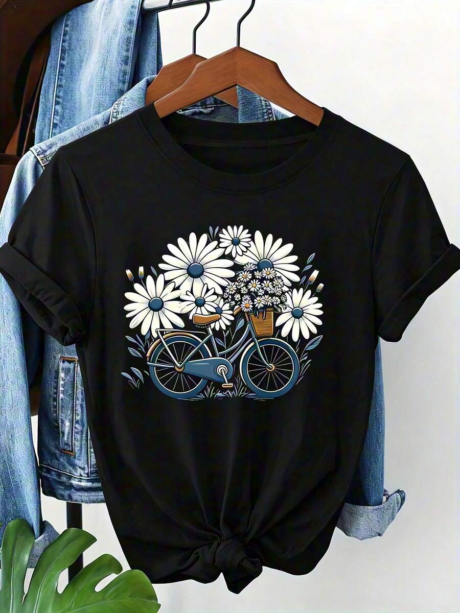 Unisex Daisy Print Cycling T-Shirt - Short-Sleeved, Round Neck, Casual Top With Daisy Pattern, Machine Washable, N - 黑色 - 查看 1