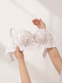 [Small Bust Only]Women's Lace Bra, Backless Seamless Wire-Free Push-Up Bra, Soft Comfortable Strapless Bra, Lift Support Half Cup Bra, Detachable Straps, Sweet Style - White - View 6