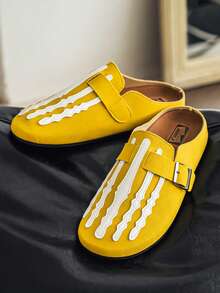 Halloween Skeleton Claw Pattern Men's Sandals, Closed Toe Mule Shoes With Adjustable Buckle, Suede Backless Design, Slip-On Casual Flat Half-Slippers - Yellow - View 4