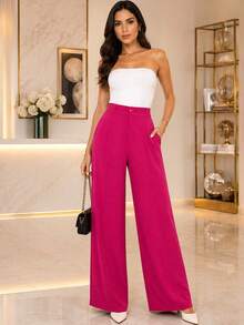 Women's Wide Leg Pants With Zipper And Button In Duna Fabric - Hot Pink - View 1
