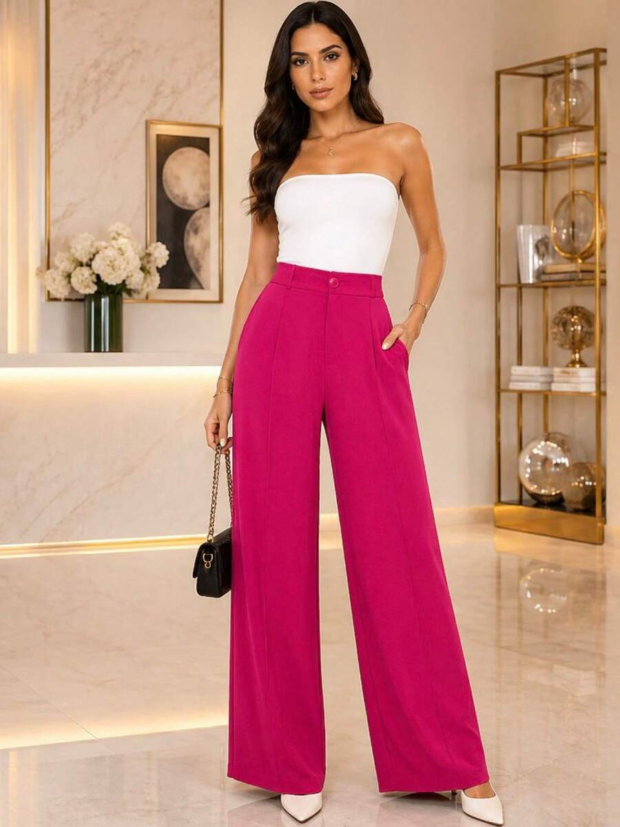 Women's Wide Leg Pants With Zipper And Button In Duna Fabric - Hot Pink - View 1