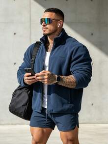 Men's Polar Fleece Casual Solid Color Long Sleeve Jacket, Versatile For Autumn/Winter - Navy Blue - View 2
