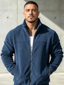 Men's Polar Fleece Casual Solid Color Long Sleeve Jacket, Versatile For Autumn/Winter - Navy Blue - View 8