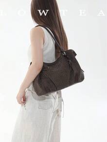 low tea 1 buah Tas Bahu Kulit PU Minimalis Bergaya Vintage dengan Gesper, Cocok untuk Bepergian, Berbelanja, dll. - Kopi - View 6
