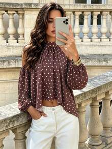 New Vintage French Style Women's Brown With White Polka Dot Halter Neck Cold Shoulder Top, Lazy Puff Sleeve Loose Flattering Polka Dot Blouse, Puff Sleeve Loose Asymmetrical Hem Commute Elegant Shirt For Women - Rust Brown - View 3