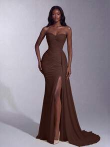 Elegant Heart Neckline Corset Dress, Side Ruched Waist, High Slit, Fitted Mermaid Silhouette Wedding - Brown - View 1