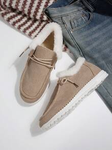 Women Corduroy Fleece Lined Ankle Boots, Warm Slip On Winter Casual Snow Booties With Plush Collar - Khaki - View 7