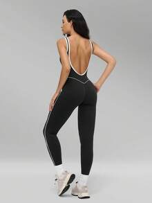 MFVIM Women's Sports Colorblock Tank Top Hollow Back Design Jumpsuit Showcasing Beautiful Shoulder Blades - Black - View 10