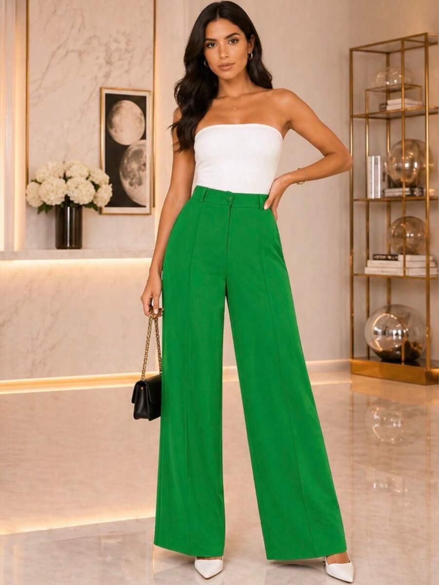 Women's Wide Leg Pants With Zipper And Button In Duna Fabric - Dark Green - View 1