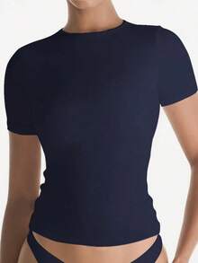 XLLAIS Women's Basic Solid Color Crew Neck Short Sleeve Fitted Casual T-Shirt Summer - Blue - View 3