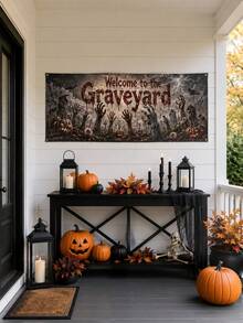 1件裝 Welcome To The Graveyard 萬聖節橫幅，恐怖風聚酯纖維長方形壁掛裝飾牌，印有殭屍手、南瓜與墓碑圖案，適用門廊、居家、鬼屋派對裝飾 - 多色 - 查看 3