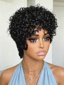 150% Density Natural Black Curly Short Wig, Suitable For Daily Wear And Parties - SNatural - View 2