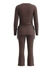 LovelyWholesale Women Solid Ribbed V Neck Long Sleeve Top With Side Ruched Drawstring, High Waist Stretch Flared Leg Pants 2 Pieces Loungewear Set Casual Outfit - Brown - View 6