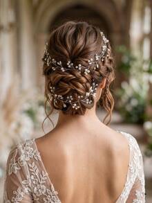 1pc Bridal Pearl Rhinestone Hair Vine, Handcrafted Silver Wedding Headband, Flexible Hair Accessory For Women Prom & Party Styling - Multicolor - View 4