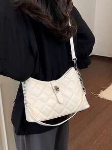 Fashion Classic Clown Solid Color Rhombus Patchwork Design Chain Square Bag Twist Lock Closure Burgundy - Beige - View 4
