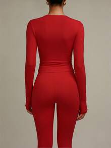 Plus Size Women's Solid Color Round Neck Casual Versatile Long Sleeve T-Shirt, Suitable For Spring And Autumn Outings - Red - View 2