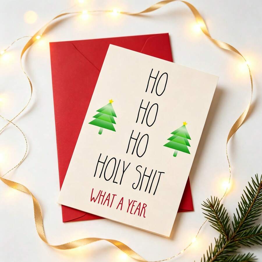 1pc Humorous Christmas Greeting Card With Envelope, Printed With "Ho Ho Ho Holy What A Year", Fun Holiday Blessing Card Suitable For Everyone, High-Quality Paper, Ideal Christmas Keepsake Gift - Funny Greeting Card - View 1