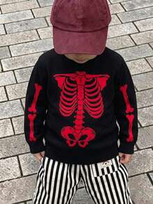 Boys' Street Style Skeleton Pattern Sweater Knit Pullover Suitable For Halloween Spring Autumn Winter - Red - View 2