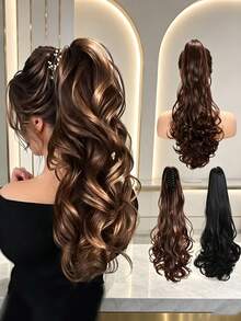 15 Inch Synthetic Clip-In Curly Wavy Ponytail Hair Extensions, Brown And Blonde Tones Thickening Hair Pieces, Suitable For Daily Wear And Party To Increase Hair Volume - Multicolor - View 6