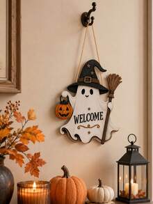 1pc Halloween Wooden Ghost Hanging Decor With Witch Hat And Ghost Door Sign, Pumpkin And Broom, Cute Rustic Welcome Wall Decor For Front Door, Home, Porch And Party Decoration - Multicolor - View 6