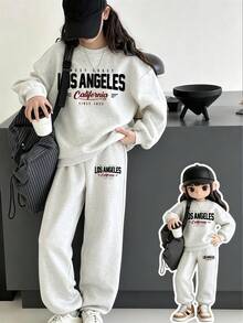 2pcs/Set Girls Minimalist Letter Print Loose Long Sleeve Crew Neck Sweatshirt + Sweatpants Set, Solid Color Crew Neck Sweatshirt, Suitable For Daily Wear, School, Music Festivals, Vacations, Commuting. - Grey - View 1