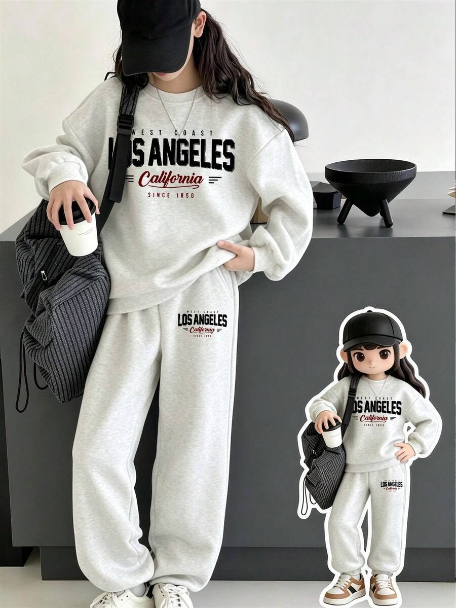 2pcs/Set Girls Minimalist Letter Print Loose Long Sleeve Crew Neck Sweatshirt + Sweatpants Set, Solid Color Crew Neck Sweatshirt, Suitable For Daily Wear, School, Music Festivals, Vacations, Commuting. - Grey - View 1