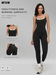 MFVIM Women's Sports Colorblock Tank Top Hollow Back Design Jumpsuit Showcasing Beautiful Shoulder Blades - Black - View 2