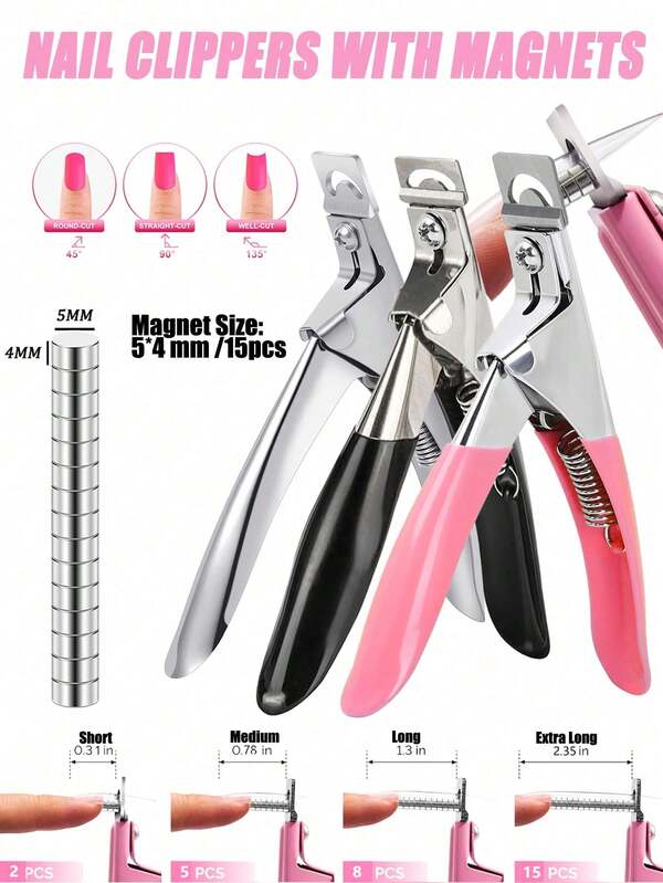 Nail Clippers, Pink/Silver/Black Premium Adjustable Nail Clippers, With 15 Magnets And Sizing Gauge, Magnets For Fake Nails, Stainless Steel False Nail Tip Cutter, For Acrylic/Fake Nails, Nail Art Sharp Blade Tool, Salon Nail Supplies, Women's Gift