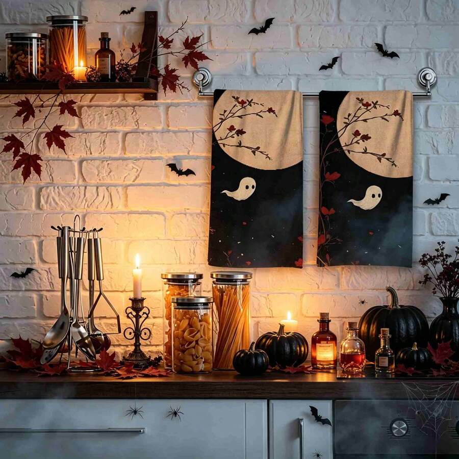 2/4/48pcs Halloween Series Moonlit Flower Field Little Ghost Pattern Printed Kitchen Towels - Ultra Soft, Highly Absorbent Polyester Tablecloths And Hand Towels, Perfect For Holiday Decor, Kitchen Decor, Party Decor.